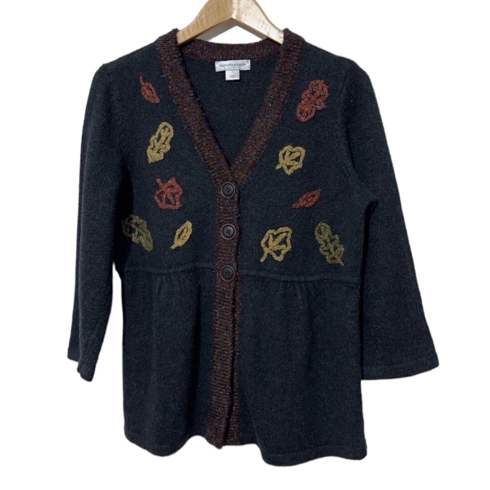 Christopher & Banks Wool Bld Cardigan Sweater w Embroidered Leaves Womens M